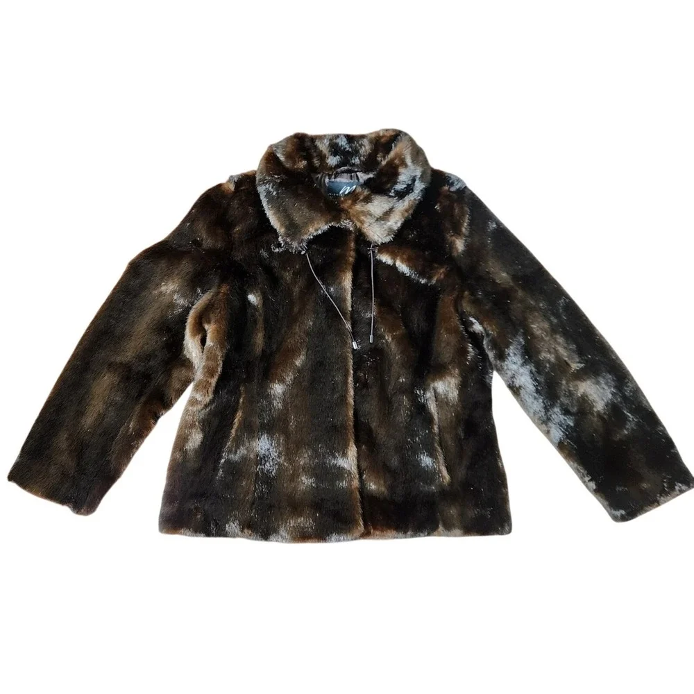 Midnight Velvet Faux Fur Jacket XL Brown Pockets Evening Winter Outerwear Prep